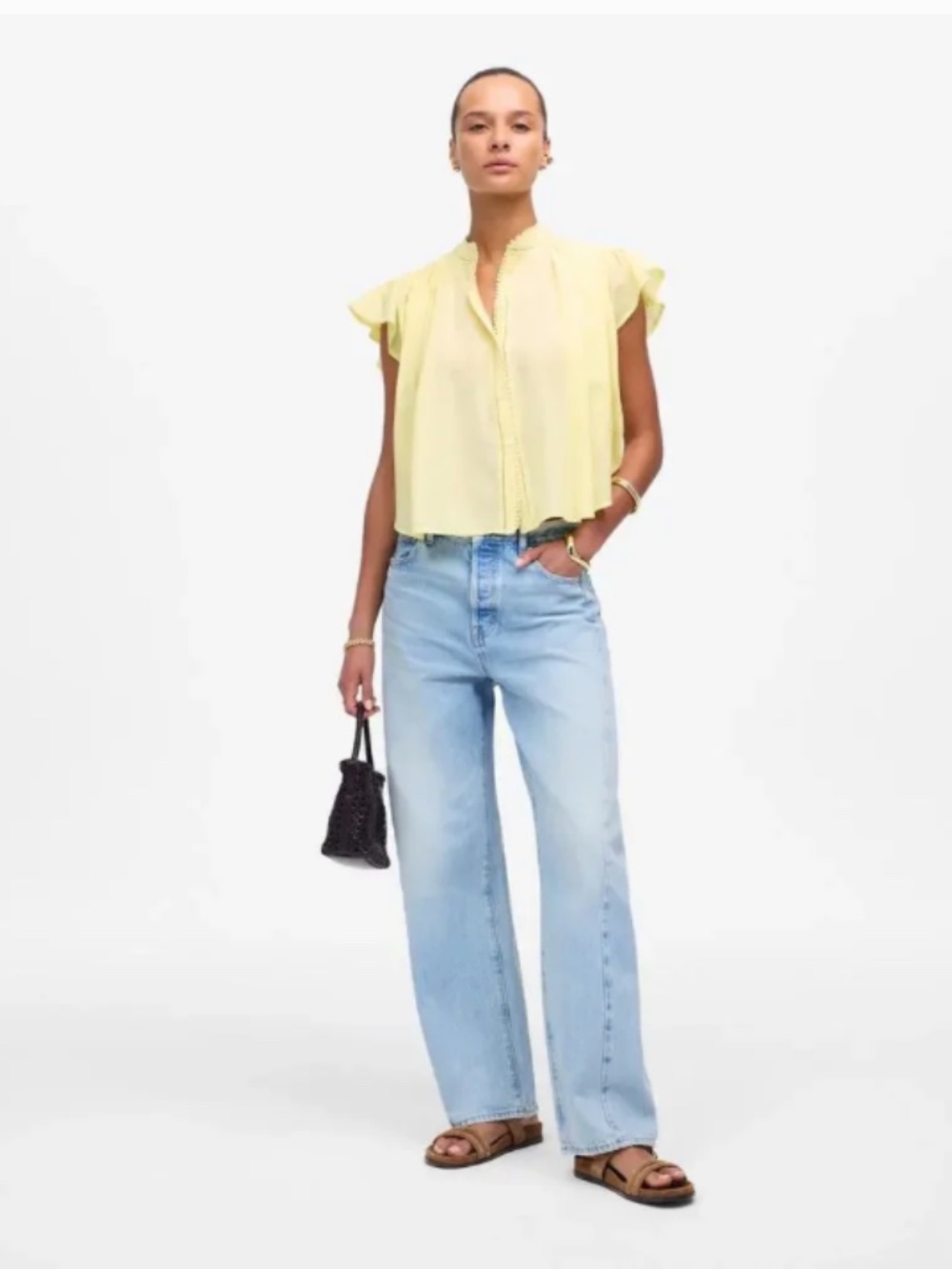Madewell Shirred Lace Trim Top XS Iced Lemon Yellow Flutter Sleeve Blouse